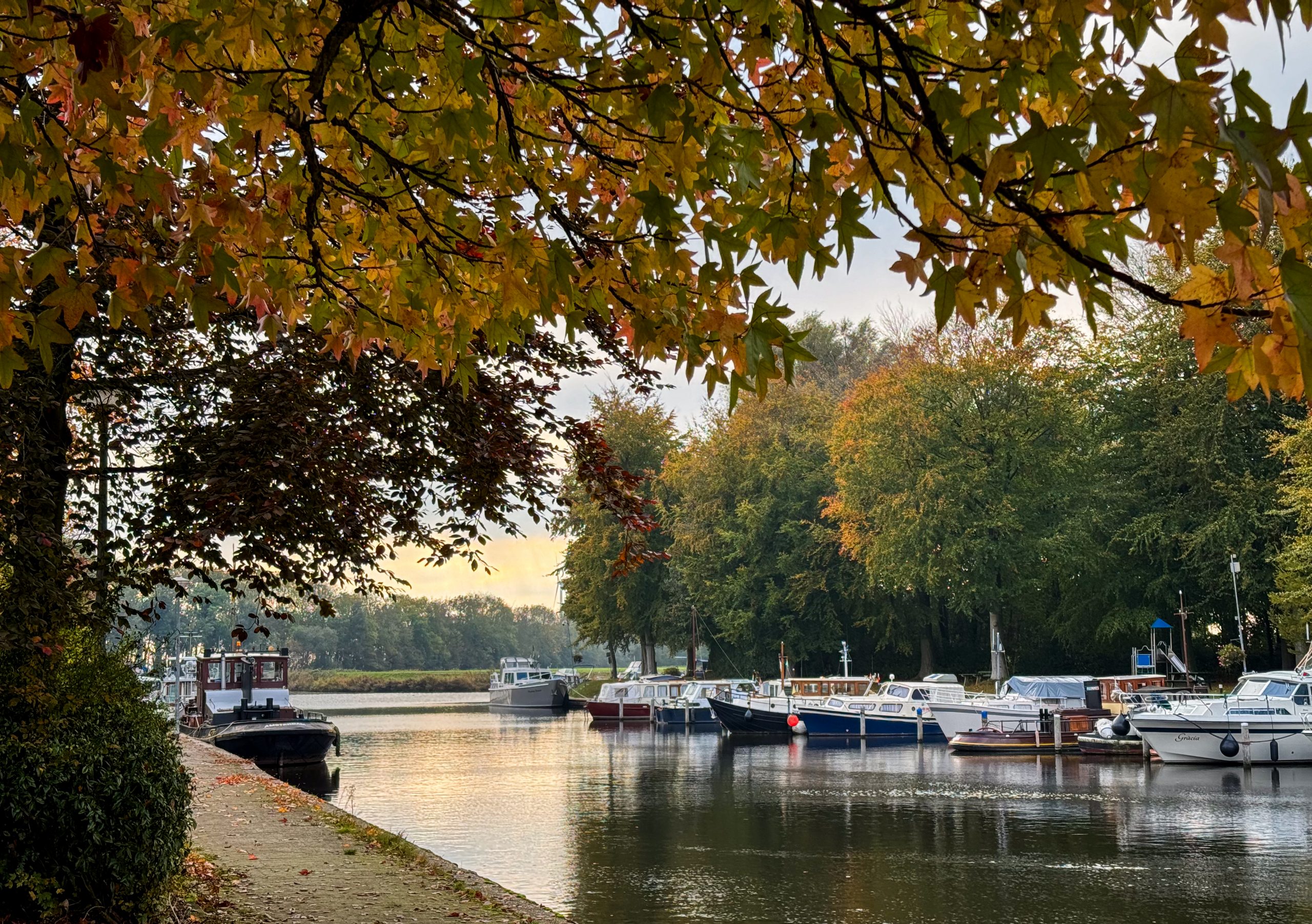 Waterkant met boten aangemeerd langs de oever. Op de achtergrond zijn meer bomen te zien in herfstkleuren.