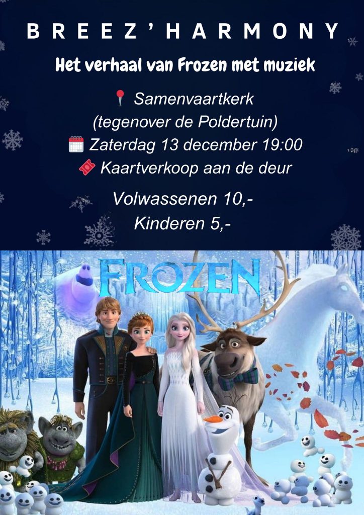 Flyer Frozen 13 december 2025. De cast van frozen staat op de flyer.