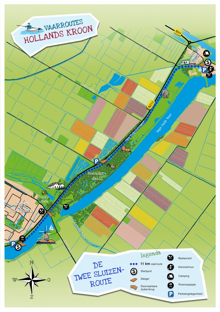 De twee sluizen-vaarroute tussen Anna Paulowna en Van Ewijcksluis