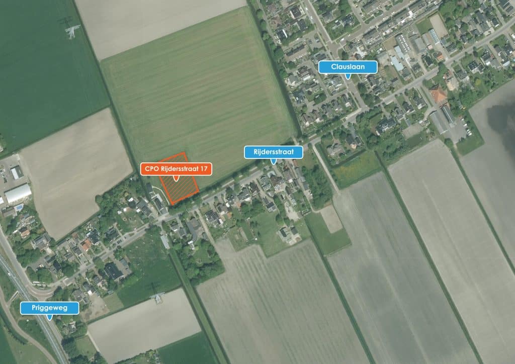 Luchtfoto met gemarkeerd plangebied CPO Rijdersstraat 17 aan de Rijdersstraat.