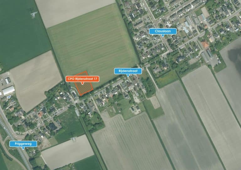 Luchtfoto met gemarkeerd plangebied CPO Rijdersstraat 17 aan de Rijdersstraat.