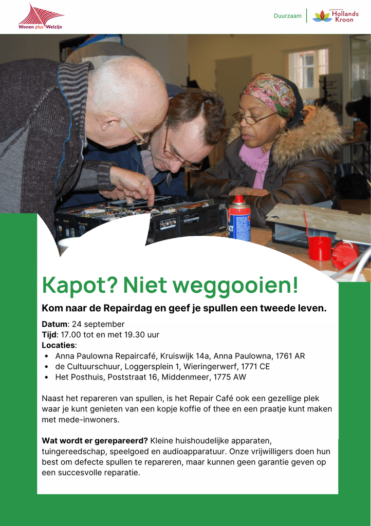 Flyer repairdag 2026 met een foto van vrijwilligers doe iemand helpen