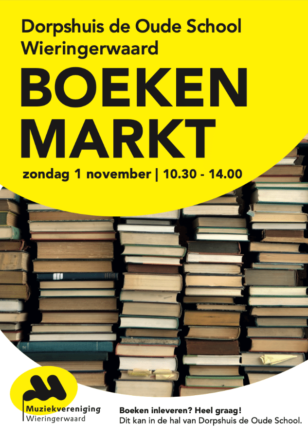 Flyer van Boekenmarkt Wieringerwaard op 1 november 2026 in Dorpshuis de Oude School