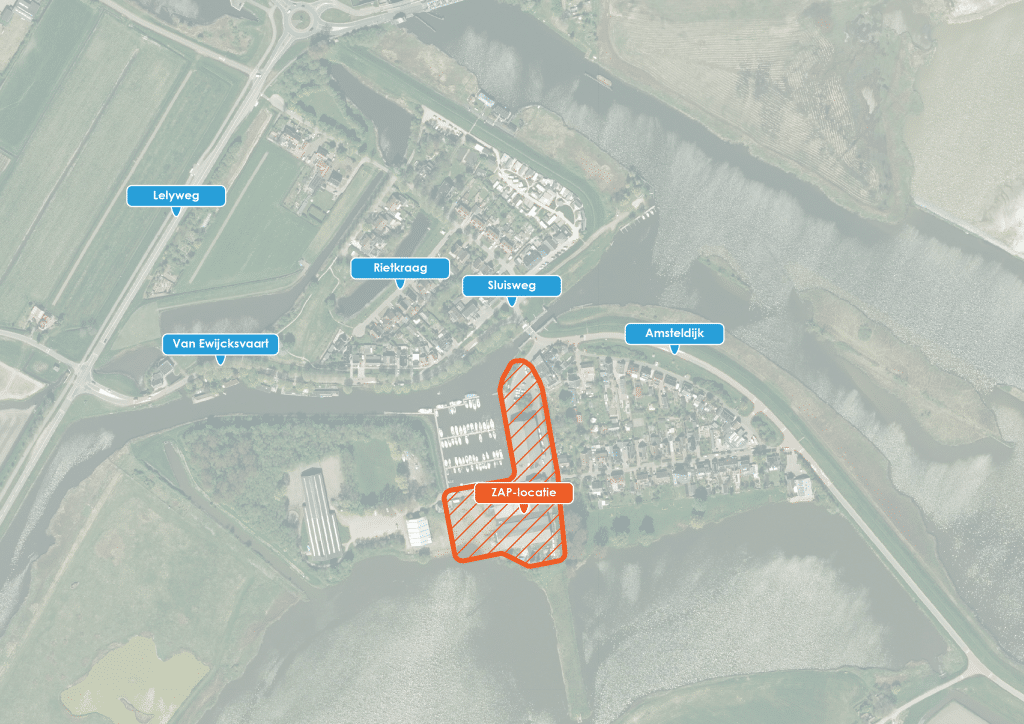 De voormalig ZAP-locatie aan de Binnenhaven is oranje gearceerd en ligt in van Ewijcksluis, rond de jachthaven.