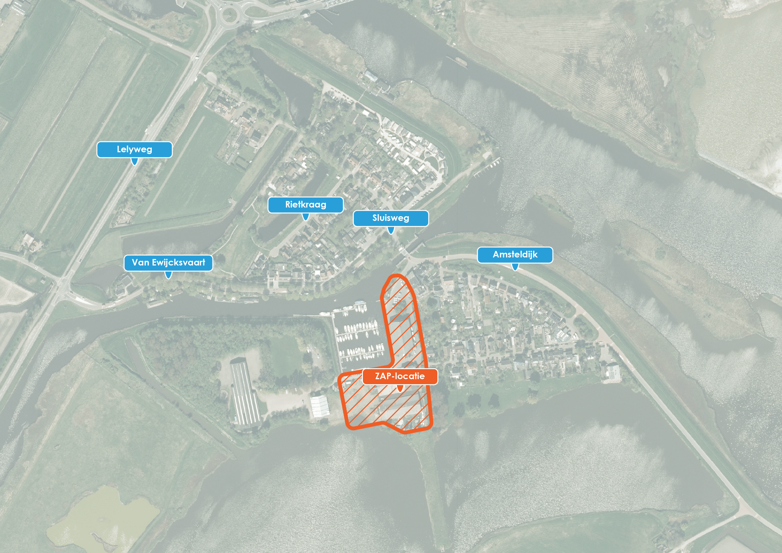 De voormalig ZAP-locatie aan de Binnenhaven is oranje gearceerd en ligt in van Ewijcksluis, rond de jachthaven.