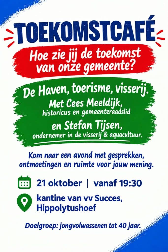 Poster voor een toekomstcafé met de titel: “Toekomstcafé – Hoe zie jij de toekomst van onze gemeente?”.
Thema van de avond: De Haven, toerisme, visserij. Sprekers zijn Cees Meeldijk, historicus en gemeenteraadslid, en Stefan Tijsen, ondernemer in de visserij en aquacultuur.
De poster nodigt uit voor een avond met gesprekken, ontmoetingen en ruimte voor meningen en ideeën. Het evenement vindt plaats op 21 oktober vanaf 19.30 uur in de kantine van vv Succes in Hippolytushoef. De doelgroep is jongvolwassenen tot 40 jaar.
De vormgeving bestaat uit blauwe, rode en groene vlakken met witte en blauwe tekst op een lichte achtergrond. Kalender- en locatie-iconen markeren de datum, tijd en locatie.