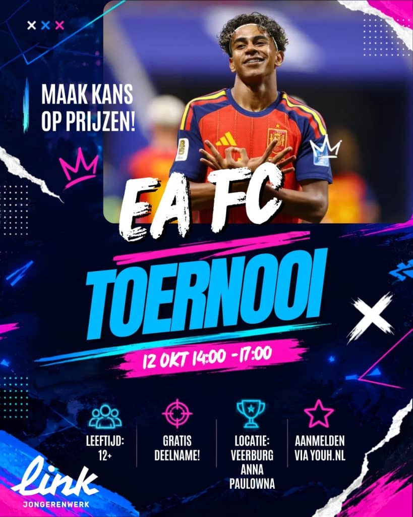 Poster voor een EA FC-toernooi. Bovenaan staat een afbeelding van een voetballer in een rood-blauw shirt. De tekst luidt: "Maak kans op prijzen!" en "EA FC Toernooi". Het toernooi vindt plaats op 12 oktober van 14.00 tot 17.00 uur. Deelname is gratis en bedoeld voor jongeren van 12 jaar en ouder. De locatie is Veerburg in Anna Paulowna. Aanmelden kan via youh.nl. Onderaan staat het logo van Link Jongerenwerk. De poster heeft een opvallend ontwerp met blauwe, roze en witte accenten op een donkere achtergrond.