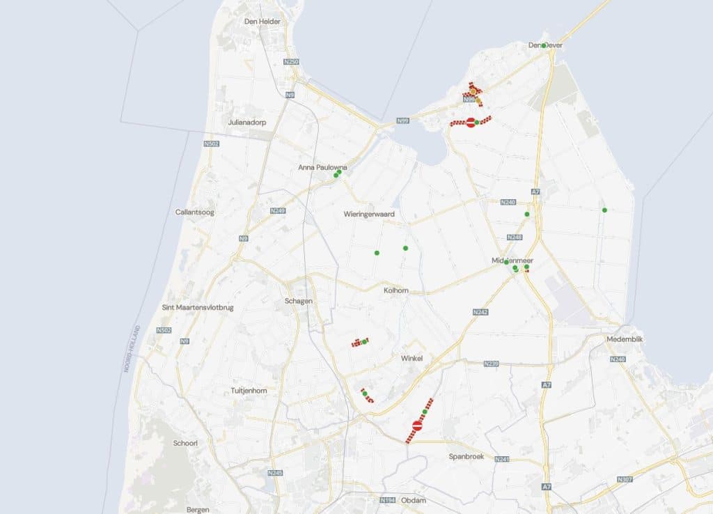 Afbeelding van de kaart van MELVIN met wegwerkzaamheden